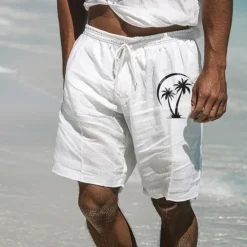 Clearance OUKU Men's Linen Shorts Summer Shorts Beach Shorts Pocket Drawstring Elastic Waist Coconut Tree Comfort Breathable Short Holiday Vacation Beach Hawaiian Boho Black White