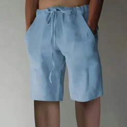 Online OUKU Men's Linen Shorts Summer Shorts Drawstring Elastic Waist Front Pocket Plain Comfort Soft Knee Length Casual Daily Fashion Classic Style Black White