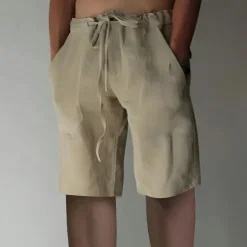 Online OUKU Men's Linen Shorts Summer Shorts Drawstring Elastic Waist Front Pocket Plain Comfort Soft Knee Length Casual Daily Fashion Classic Style Black White