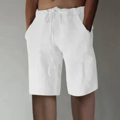 Online OUKU Men's Linen Shorts Summer Shorts Drawstring Elastic Waist Front Pocket Plain Comfort Soft Knee Length Casual Daily Fashion Classic Style Black White