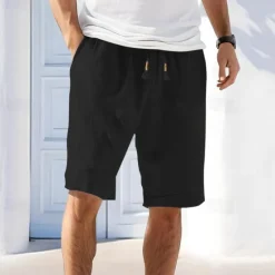 Sale OUKU Men's Linen Shorts Summer Shorts Beach Shorts Pocket Drawstring Elastic Waist Plain Comfort Breathable Short Holiday Vacation Beach Hawaiian Boho Black Green