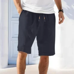 Sale OUKU Men's Linen Shorts Summer Shorts Beach Shorts Pocket Drawstring Elastic Waist Plain Comfort Breathable Short Holiday Vacation Beach Hawaiian Boho Black Green