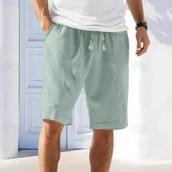 Sale OUKU Men's Linen Shorts Summer Shorts Beach Shorts Pocket Drawstring Elastic Waist Plain Comfort Breathable Short Holiday Vacation Beach Hawaiian Boho Black Green