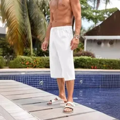 Sale OUKU Men's Linen Shorts Summer Shorts Beach Shorts Capri Pants Pocket Drawstring Elastic Waist Plain Comfort Breathable Calf-Length Holiday Vacation Beach Hawaiian Boho Black White