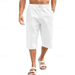 Sale OUKU Men's Linen Shorts Summer Shorts Beach Shorts Capri Pants Pocket Drawstring Elastic Waist Plain Comfort Breathable Calf-Length Holiday Vacation Beach Hawaiian Boho Black White