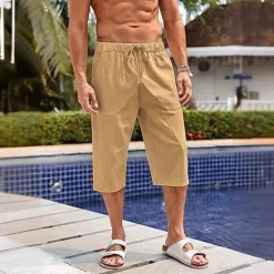 Sale OUKU Men's Linen Shorts Summer Shorts Beach Shorts Capri Pants Pocket Drawstring Elastic Waist Plain Comfort Breathable Calf-Length Holiday Vacation Beach Hawaiian Boho Black White