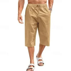 Sale OUKU Men's Linen Shorts Summer Shorts Beach Shorts Capri Pants Pocket Drawstring Elastic Waist Plain Comfort Breathable Calf-Length Holiday Vacation Beach Hawaiian Boho Black White