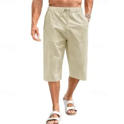 Sale OUKU Men's Linen Shorts Summer Shorts Beach Shorts Capri Pants Pocket Drawstring Elastic Waist Plain Comfort Breathable Calf-Length Holiday Vacation Beach Hawaiian Boho Black White