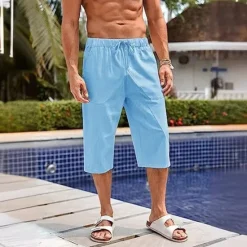 Sale OUKU Men's Linen Shorts Summer Shorts Beach Shorts Capri Pants Pocket Drawstring Elastic Waist Plain Comfort Breathable Calf-Length Holiday Vacation Beach Hawaiian Boho Black White