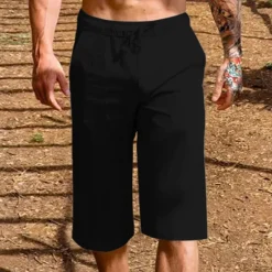 Clearance OUKU Men's Linen Shorts Summer Shorts Capri Pants Drawstring Elastic Waist Plain Comfort Breathable Outdoor Daily Going out Linen / Cotton Blend Fashion Casual Black White