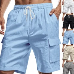 Sale OUKU Men's Linen Shorts Summer Shorts Beach Shorts Pocket Drawstring Elastic Waist Plain Comfort Breathable Short Vacation Holiday Beach Hawaiian Boho Black White