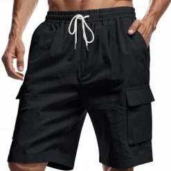 Sale OUKU Men's Linen Shorts Summer Shorts Beach Shorts Pocket Drawstring Elastic Waist Plain Comfort Breathable Short Vacation Holiday Beach Hawaiian Boho Black White