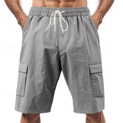 Sale OUKU Men's Linen Shorts Summer Shorts Beach Shorts Pocket Drawstring Elastic Waist Plain Comfort Breathable Short Vacation Holiday Beach Hawaiian Boho Black White