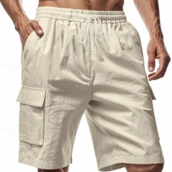 Sale OUKU Men's Linen Shorts Summer Shorts Beach Shorts Pocket Drawstring Elastic Waist Plain Comfort Breathable Short Vacation Holiday Beach Hawaiian Boho Black White