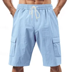 Sale OUKU Men's Linen Shorts Summer Shorts Beach Shorts Pocket Drawstring Elastic Waist Plain Comfort Breathable Short Vacation Holiday Beach Hawaiian Boho Black White