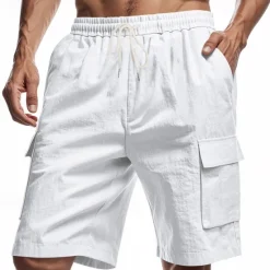 Sale OUKU Men's Linen Shorts Summer Shorts Beach Shorts Pocket Drawstring Elastic Waist Plain Comfort Breathable Short Vacation Holiday Beach Hawaiian Boho Black White