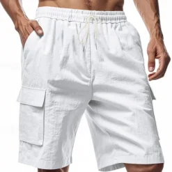 Sale OUKU Men's Linen Shorts Summer Shorts Beach Shorts Pocket Drawstring Elastic Waist Plain Comfort Breathable Short Vacation Holiday Beach Hawaiian Boho Black White