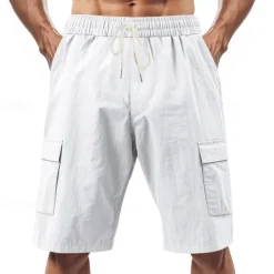Sale OUKU Men's Linen Shorts Summer Shorts Beach Shorts Pocket Drawstring Elastic Waist Plain Comfort Breathable Short Vacation Holiday Beach Hawaiian Boho Black White