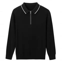 OUKU Men's Linen Silk Cotton Quarter Zip Pullover Sweater Knit Half Zip Knitwear Elegant Home Dailywear Clothing Apparel Fall Winter Black White S M L