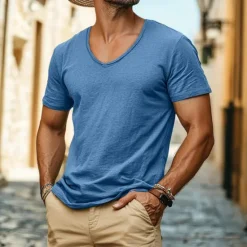 Best OUKU Men's Linen-like T Shirt Moisture Wicking Shirts Plain V Neck Street Causal Short Sleeve V Neck Vintage Clothing Apparel Retro Basic Casual Comfortable