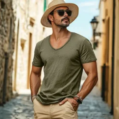 Best OUKU Men's Linen-like T Shirt Moisture Wicking Shirts Plain V Neck Street Causal Short Sleeve V Neck Vintage Clothing Apparel Retro Basic Casual Comfortable