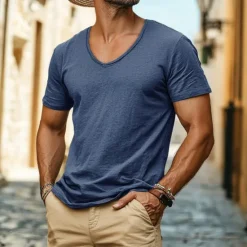 Best OUKU Men's Linen-like T Shirt Moisture Wicking Shirts Plain V Neck Street Causal Short Sleeve V Neck Vintage Clothing Apparel Retro Basic Casual Comfortable