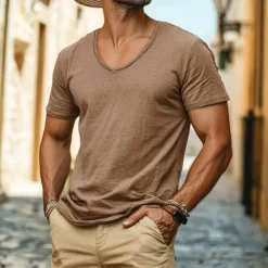 Best OUKU Men's Linen-like T Shirt Moisture Wicking Shirts Plain V Neck Street Causal Short Sleeve V Neck Vintage Clothing Apparel Retro Basic Casual Comfortable