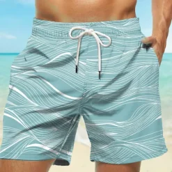 Hot OUKU Men's Lines / Waves Geometric Pattern Swim Trunks Swim Shorts Board Shorts Mid Waist Hawaiian Casual Holiday Beach with Mesh lining Elastic Waist 3D Print Designer Clothing Apparel