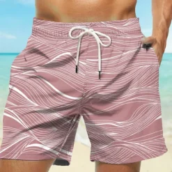 Hot OUKU Men's Lines / Waves Geometric Pattern Swim Trunks Swim Shorts Board Shorts Mid Waist Hawaiian Casual Holiday Beach with Mesh lining Elastic Waist 3D Print Designer Clothing Apparel