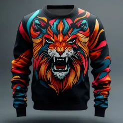 Outlet OUKU Men's Lion 3D Cartoon Sweatshirt Sweatshirt Long Sleeve Sweatshirt Crew Neck Fashion Cool 3D 3D Print Vacation Party Going out Crewneck 3D Print 3D Winter Spring & Fall Black
