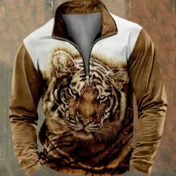 Discount OUKU Men's Lion 3D Sweatshirt Sweatshirt Long Sleeve Sweatshirt Quarter Zip Cool 3D Print Holiday 3D Print 1/4 Zip Winter Spring & Fall Brown