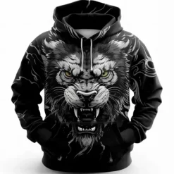 Best OUKU Men's Lion Hoodies Sweatshirt Fashion Cool Long Sleeve Crew Neck Party Holiday Streetwear Drawstring Fall Winter Designer Black