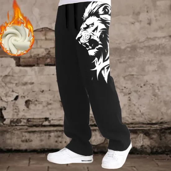 OUKU Men's Lion Joggers Fleece Sweatpants Drawstring Elastic Waist Casual Outdoor Street Dailywear Pocket Straight Leg Trousers Thermal Winter 3D Print Black