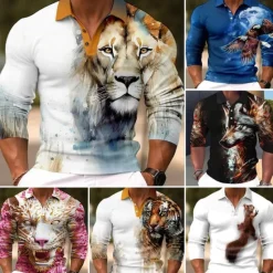 OUKU Men's Lion Polo Shirts Golf Shirt Long Sleeve Polo Shirts Collared Shirts Casual Funny Streetwear Vacation Wear Party Outfits Buttons 3D Print Light Pink White Crystal / Orange