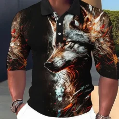OUKU Men's Lion Polo Shirts Golf Shirt Long Sleeve Polo Shirts Collared Shirts Casual Funny Streetwear Vacation Wear Party Outfits Buttons 3D Print Light Pink White Crystal / Orange