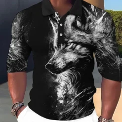 OUKU Men's Lion Polo Shirts Golf Shirt Long Sleeve Polo Shirts Collared Shirts Casual Funny Streetwear Vacation Wear Party Outfits Buttons 3D Print Light Pink White Crystal / Orange