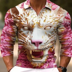 OUKU Men's Lion Polo Shirts Golf Shirt Long Sleeve Polo Shirts Collared Shirts Casual Funny Streetwear Vacation Wear Party Outfits Buttons 3D Print Light Pink White Crystal / Orange