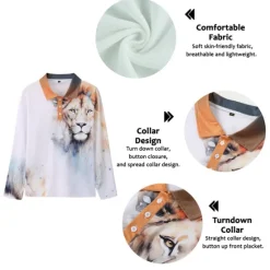 OUKU Men's Lion Polo Shirts Golf Shirt Long Sleeve Polo Shirts Collared Shirts Casual Funny Streetwear Vacation Wear Party Outfits Buttons 3D Print Light Pink White Crystal / Orange
