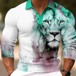 OUKU Men's Lion Polo Shirts Golf Shirt Long Sleeve Polo Shirts Collared Shirts Casual Funny Streetwear Vacation Wear Party Outfits Buttons 3D Print Light Pink White Crystal / Orange