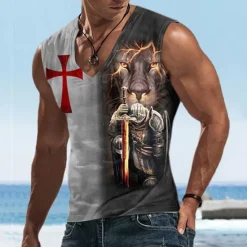 Clearance OUKU Men's Lion Templar Cross Graphic Prints Cross Tank Top Sleeveless T Shirt for Men Sleeveless T shirt 3D Print V Neck Shirt Basic Classic Casual Daily Sports Going out Black+White Gray Summer Clothing