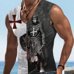 Clearance OUKU Men's Lion Templar Cross Graphic Prints Cross Tank Top Sleeveless T Shirt for Men Sleeveless T shirt 3D Print V Neck Shirt Basic Classic Casual Daily Sports Going out Black+White Gray Summer Clothing