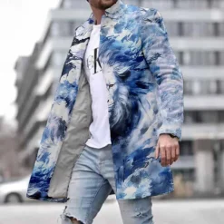 Discount OUKU Men's Lion Winter Coat Fleece Jacket Overcoat Thermal Comfortable Artistic Casual Outdoor Party Evening Wear Daily Wear Buttons 3D Print Front Pocket Winter Turndown Long Sleeve Blue