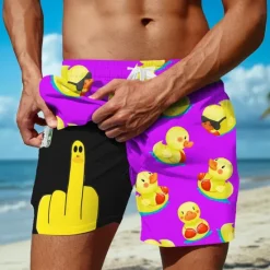 Online OUKU Men's Little Yellow Duck Funny Lined Shorts 2 in 1 Board Shorts Swim Shorts Mid Waist Hawaiian Holiday Beach Wear Side Pockets With Compression Liner Elastic Drawstring Waist Designer Clothing Apparel