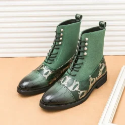 Hot OUKU Men's Luxury Green Ankle Boots | Snake Pattern Faux Leather with Crocodile-Embossed Toe and Lace-Up Design