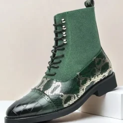 Hot OUKU Men's Luxury Green Ankle Boots | Snake Pattern Faux Leather with Crocodile-Embossed Toe and Lace-Up Design