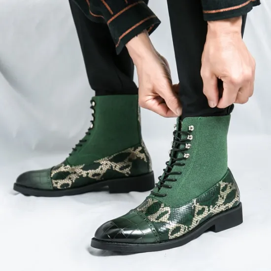 Hot OUKU Men's Luxury Green Ankle Boots | Snake Pattern Faux Leather with Crocodile-Embossed Toe and Lace-Up Design