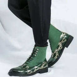 Hot OUKU Men's Luxury Green Ankle Boots | Snake Pattern Faux Leather with Crocodile-Embossed Toe and Lace-Up Design