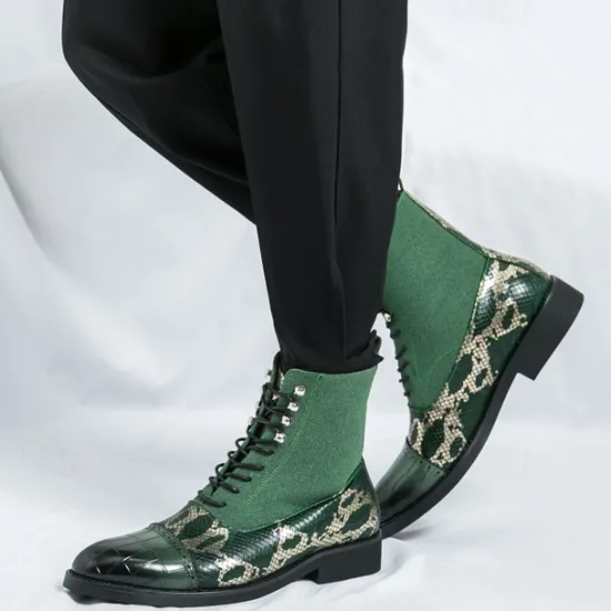 Hot OUKU Men's Luxury Green Ankle Boots | Snake Pattern Faux Leather with Crocodile-Embossed Toe and Lace-Up Design