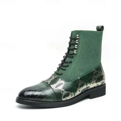 Hot OUKU Men's Luxury Green Ankle Boots | Snake Pattern Faux Leather with Crocodile-Embossed Toe and Lace-Up Design