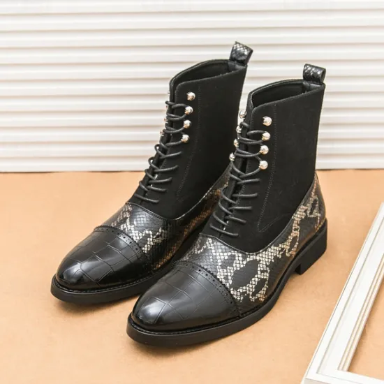 Hot OUKU Men's Luxury Green Ankle Boots | Snake Pattern Faux Leather with Crocodile-Embossed Toe and Lace-Up Design